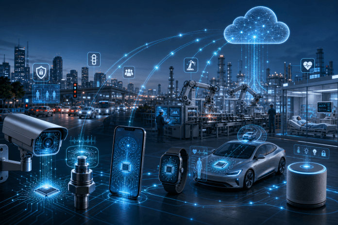 Futuristic smart city scene with cloud-connected AI, robots, autonomous car, medical monitoring, and connected devices