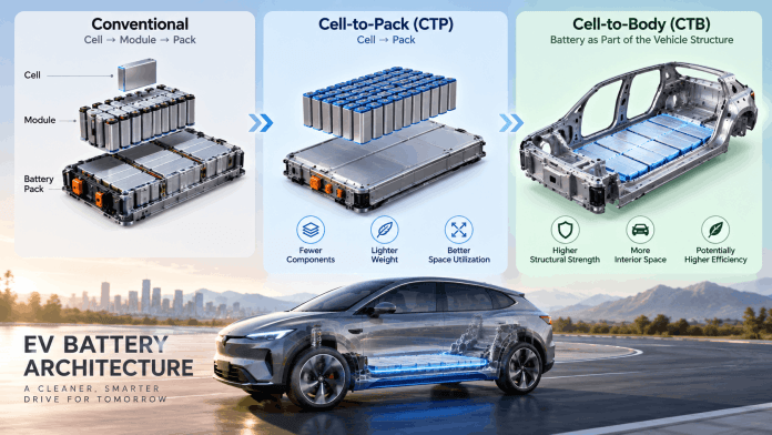 Cell-to-Pack vs Cell-to-Body EV battery architecture comparison with conventional battery design