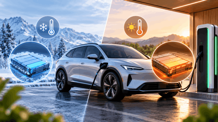 EV battery preconditioning showing a cold battery and an optimized battery before fast charging