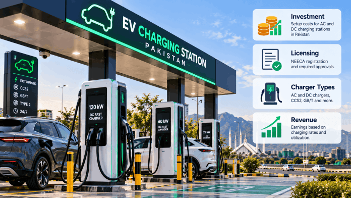 EV charging station business in Pakistan showing DC fast chargers and commercial EV charging infrastructure