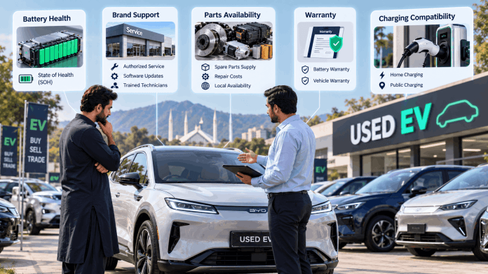 EV resale value in Pakistan showing battery health, brand support, spare parts and warranty factors