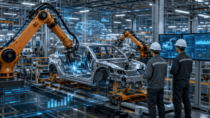 Industrial AI in a smart factory with robotics and digital twin technology