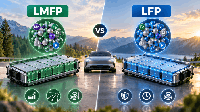 LMFP vs LFP battery comparison showing manganese-enhanced and lithium iron phosphate EV battery packs