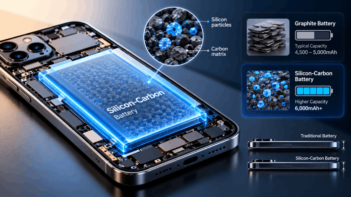 Silicon-carbon phone battery showing higher smartphone battery capacity in a slim design