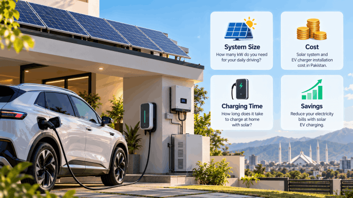 Home solar EV charging in Pakistan with rooftop solar panels and an electric car charging