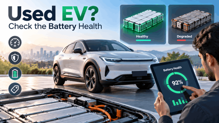 Used EV battery State of Health check showing battery condition before buying an electric car